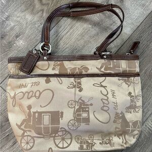 Coach Beige and Brown Signature Horse Carriage Tote